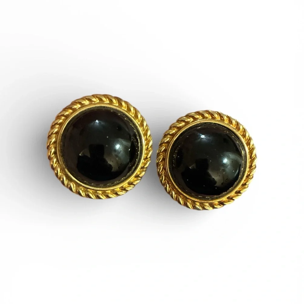 Vintage SAL Swarovski Black and Gold Stud Earrings - Picture 1 of 2